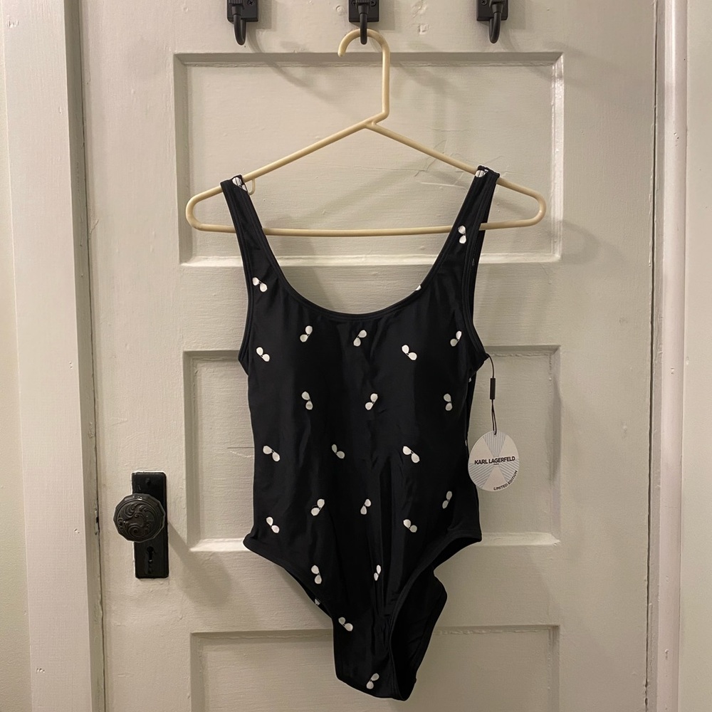 Karl Lagerfeld sunglass aviator print one piece bathing suit